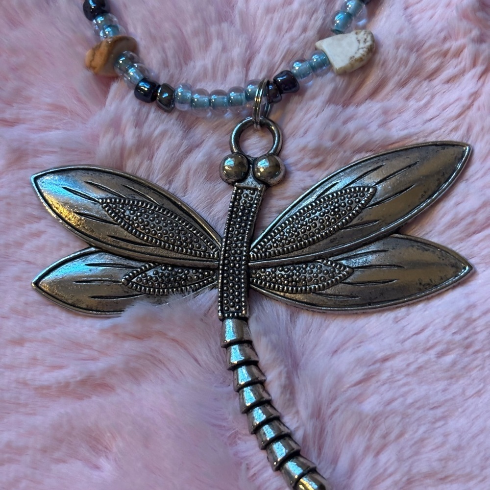 Silver Tone Dragonfly and Blue Stone Necklace